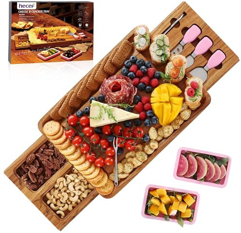 hecef Pink Acacia Wood Cheese Board Set | Square Charcuterie Platter with Dual Slide-Out Drawers, Cutlery Set, Snack Trays | for Serving Cheese, Fruits & Appetizers
