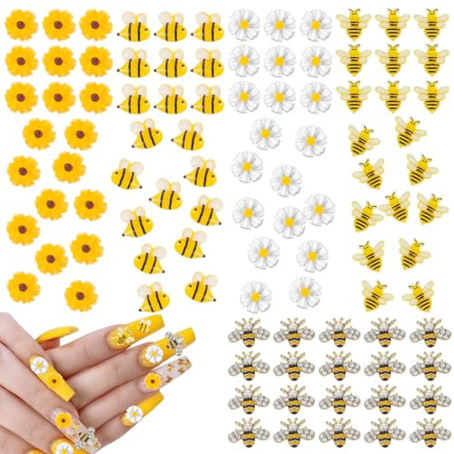 100 Pcs 3D Flower Nail Charms and Bee Nail Charms Set Daisy Y2k Nail Art Charms Cute Nail Decorations for Manicure Design Acrylic Nails Art DIY Manicure Design
