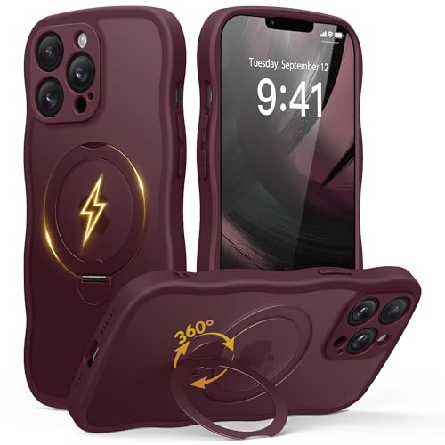 GOLBINBOX Magnetic for iPhone 13 Pro Max Case with 360° Stand for Women | [Compatible with Magsafe][Cute Wave Edge][Military-Grade Protection]Translucent Matte Case for iphone 13 ProMax,Burgundy Red