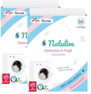 Natulim - Detersivo in strisce per lavatrice (100 lavaggi) - Include effetto morbidi, ecologico, anallergico, Zero Waste, Made in EU - Set pulito e morbido senza sporcare il pianeta (Fragranza Floral)