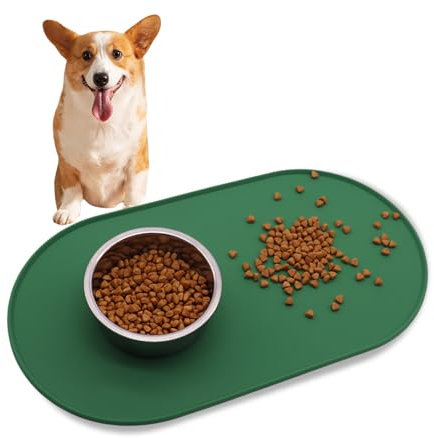 VINPAM Cat & Dog Food Mat with Raised Edges –Cat mats for food bowls, BPA-Free Silicone Non-Slip Bowl Mat for Spill Containment, Waterproof Pet Feeding Mat (Green, 46 * 25cm)