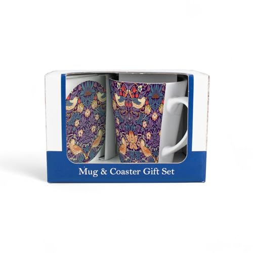 Purely Home Strawberry Thief Purple Mug & Coaster Gift Set - William Morris Artwork Ceramic Latte Cup and Glass Coaster Set - Tea/Coffee Present
