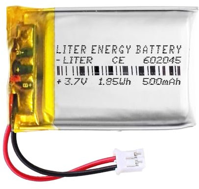 Batteria 602045 LiPo 3.7V 500mAh 1.85Wh Ricaricabile Connettore PH2.0 (JST-PHR-02) Tipo B Litio: Assicurarsi che la polarità del dispositivo corrisponda 47x20x6mm (PH2|500mAh|602045)