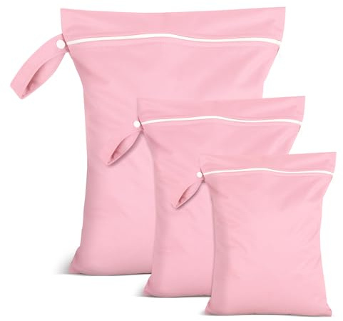 Zaewry 3 Stück Nassbeutel Rosa, Groß Mittel Klein Wetbag, WäSchebeutel Reise, Wasserfester Beutel, Nasstasche Schwimmsachen, Wiederverwendbarer Nasstasche, Wasserdichter Beutel für Badeanzüge, Windeln