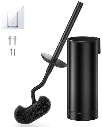 HAMITOR Brosse Toilettes WC INOX, Murale Nettoyage Profond sous Rebord | Nettoyage 360° en Profondeur, Tête en S, Support Anti-goutte Séchage Rapide, Long Manche 38 cm, Design Noir, Acier Inoxydable