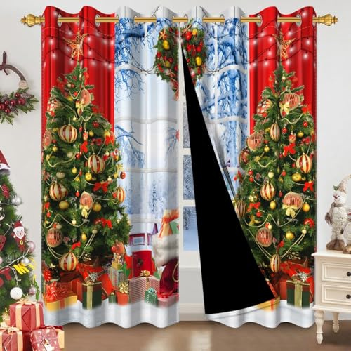 Uiiooazy Gardinen Weihnachten, Gardinen Blickdicht Winter Grüne Blätter Weihnachtsbaum Wald Landschaft Thermogardinen mit Ösen Vorhänge für Schlafzimmer Wohnzimmer Kinderzimmer, 2er Set, 135x215cm