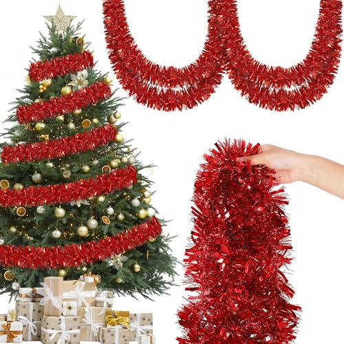 Vivantia 12M Tinsel Garland Metallic Twist Tinsel 9CM Thick Garland Hanging Decorations for Tree Wreath Wedding Events Party Supplies (Red)
