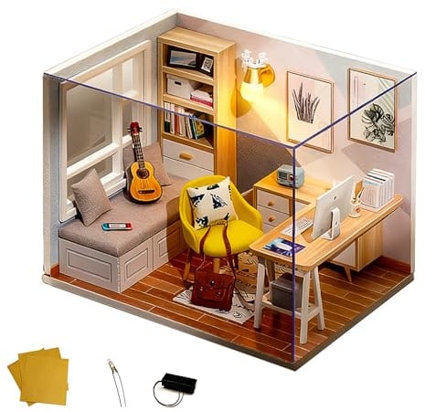 RNPKZ DIY Miniatur Puppenhaus Kit, kreatives holzmodell Haus modellbausatz, DIY Puppenhaus Miniatur Kit mit LED-Beleuchtung und Staubschutz, Geschenk für Geburtstag Weihnachten (Sonnenscheinstudie)