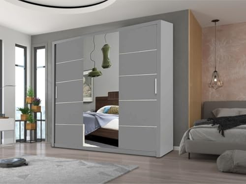 E-BAARIK Alaska Sliding door wardrobe, 2 & 3 Doors Wardrobe with 4 colours and 4 sizes, storage solution, Elegant Desing for bedroom (Grey, 250cm)