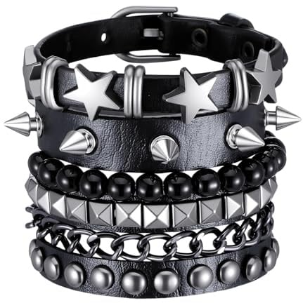 Tucnoeu 4 Stück Nietenarmband, Gothic Schmuck, Lederarmband Damen, Studded Bracelet Set - Verstellbare Punk Armreife für Konzerte, Partys und Cosplay