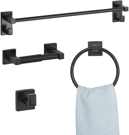 VEVOR Matte Black Bathroom Hardware Set, 4 Pieces Stainless Steel Bathroom Accessories Set, 24-inch Towel Bar, Towel Ring, Robe Towel Hook, Toilet Paper Holder, for Bath Room, Wall Mounted