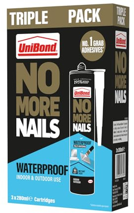UniBond No More Nails Waterproof High-Strength Grab Adhesive, All-Purpose Seal & Fill for Wood, Tile, Metal & Concrete, Indoor & Outdoor Use, Pack of 3 (3 x 280 ml Cartridges)