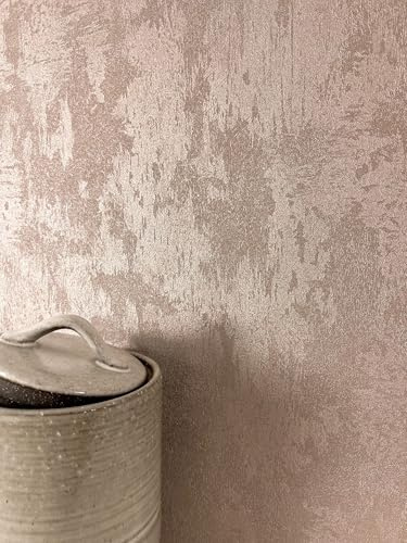 Newroom Vliestapete Rosa Uni Betonoptik Wohnzimmer Glamour Tapete | Metallic Schimmer Glanzpartikel, grobe Putzstruktur Wischspuren, Betontapete Wandtapete Mustertapete, Boho Rosé, ansatzfrei