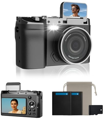 Digitalkamera 4K 64MP, Retro Kompaktkamera mit Doppelbildschirm und 32GB Karte, Vlogging Kamera für YouTube mit 16X Zoom & Blitz, Fotokamera für Anfänger, Teenager & Kinder