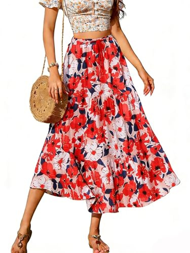 Koerye Jupe Femme Casual Jupe D'été Maxi Jupe A-Ligne Élégante Maxirock avec Cordon Longue Jupes Élastiques avec Poches