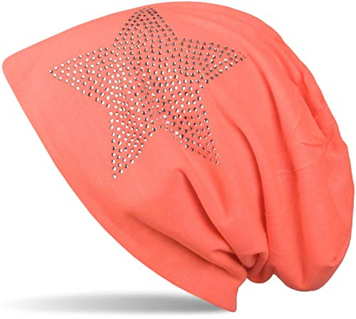 styleBREAKER Klassische leichte Unisex Beanie Mütze mit Stern Strass Applikation 04024019, Farbe:Neonorange