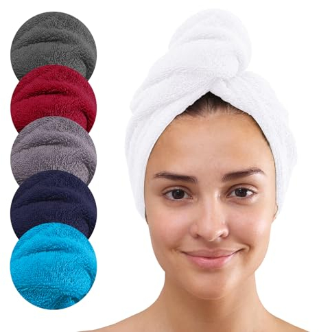 Class Home Collection Turban Handtuch mit Knopf - Haarturban aus Baumwolle - schnelltrocknendes & saugstarkes Handtuch mit Knopf für Damen - Frottee Haarhandtuch - Kopfhandtuch für Haare Weiß