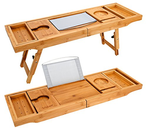 Wooden-Life Badewannen-Ablage und Laptop-Tisch mit klappbaren Beinen, Leseständer, Handy-Ablage und Weinglashalter Natural Bamboo 1