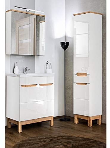 Lomadox Badmöbel Waschplatz Set in Hochglanz weiß mit Eiche, 60cm Keramik-Waschtisch, LED-Spiegelschrank Hochschrank
