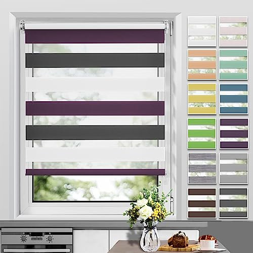 Allesin Doppelrollo Klemmfix ohne Bohren & mit Bohren, Duo Rollos für Fenster und Tür, Klemmrollo Fensterrollo lichtdurchlässig, Sichtschutz und Sonnenschutz, 70x150cm (BxH), Weiss-Lila-Anthrazit