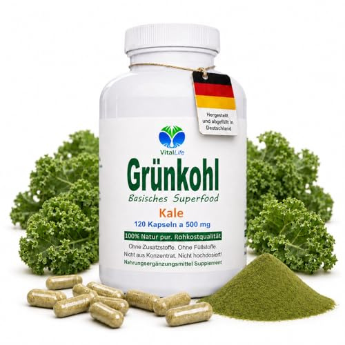 GRÜNKOHL pur 120 Kapseln basische POWERGREENS - Super Greens Pulver SuperFood Vitalstoff Champion - SULFORAPHAN LUTEIN ANTIOXIDANTIEN - Rohkostqualität. NATUR pur. OHNE ZUSATZSTOFFE. 26695-120