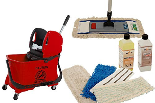 Axis Line Set Pulizia Pavimenti 10 Pezzi - Carrello 24L e Mocio | Kit professionale con secchio, pressa, 5 panni in microfibra e cotone, detergenti inclusi per parquet, gres e laminato.