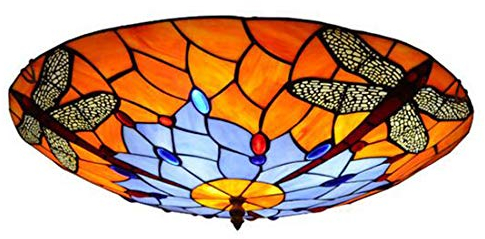 Vintage Deckenlampe Schlafzimmer Klassisch Tiffany Gemalt Glas Libelle Design Rund Rustikal Mittelmeer Deckenleuchte für Büro Wohnzimmer Esszimmer Küchen Flur Balkon Retro Decke Wände Lampe E27 (50cm)