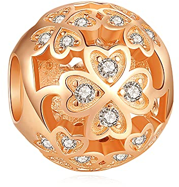 Rotgoldener Liebesherz-Anhänger für Armband, hohl, 4-blättriges Kleeblatt-Kugel-Charm, 925er Sterlingsilber, Zirkonia, für Damen, Mädchen, Jungen, Zirkonia