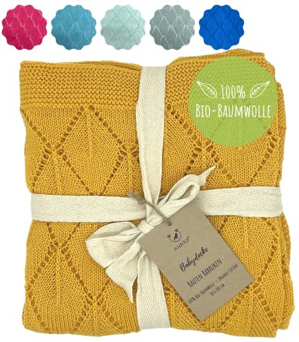 nidito Premium Bio-Baby-Decke Mädchen & Jungen/Bio-Baumwoll-Decke Baby, 90x100 cm, 100% Bio-Baumwolle, Gelb, Wolldecke ideal als Erstlings-/ Kuscheldecke (Senfgelb)