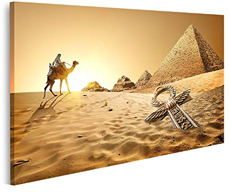 Leinwandbild Beduine auf Kamel in der Nähe der Pyramiden und Ankh in der Wüste Drucke Kunst Poster Wandbild