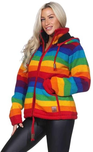 Damen Regenbogen Strickjacke Goa Wolle Jacke mit Fleecefutter und Abnehmbarer Kapuze