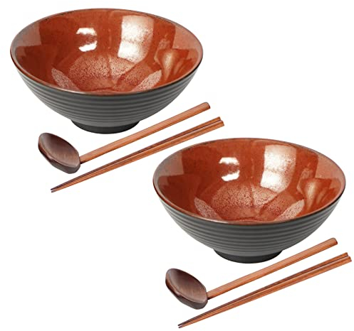 STE-CER Lot de 2 bols à ramen en céramique de style japonais avec baguettes, rouge brûlé, 20,3 cm, 1134 g, bol à soupe asiatique et cuillères pour nouilles Udon, soba, soupe Miso, rouge brûlé