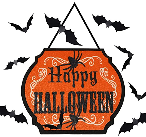 Gelasgo Halloween Hanging Door Decoration, Halloween Pumpkin Hanging Trick or Treat Sign with 12Pcs 3D Bat Wall Sticker for Halloween Party Decoration (Yellow)