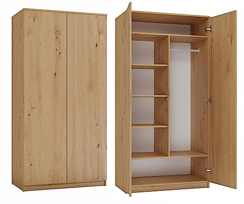 CDF Moderner Schrank Malwa SD-90 | Farbe: Eiche artisan| Ideal für Schlafzimmer, Flur, Kinderzimmer oder Büro | Kleiderbügel, Mäntel, Jacken | 7 praktische Fächer | TIP-ON