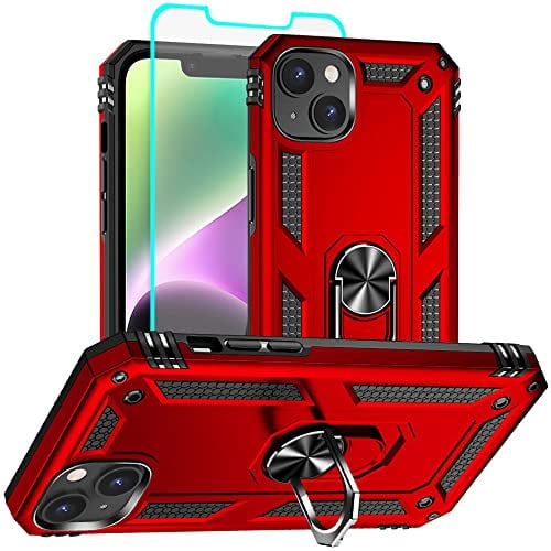 Aozuoton iPhone 14 Case with HD Screen Protector, Military Grade 16ft. Drop Tested, Ring Shockproof Protective Phone Case for iPhone 14, Red