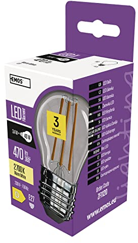 EMOS LED Lampe Edison Mini Globe, 3,4W Ersatz für 40W Glühbirne, klare Vintage-Glühlampe mit E27 Sockel, Helligkeit 470 lm, Warmweiß 2700 K, 25000 h Lebensdauer, CRI min. 80, 300° Abstrahlwinkel
