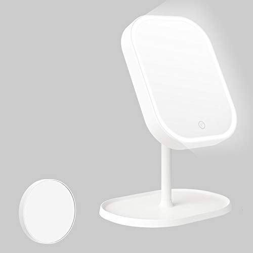 Kasimir Miroir LED Maquillage,Miroir Grossissant Lumineux,Miroirs de Poche Maquillage,Grossissant 10X,avec Ecran Tactile,Miroir Pliant,360°Ajustable,Batterie/Cable USB,Portable éclairé de Voyage