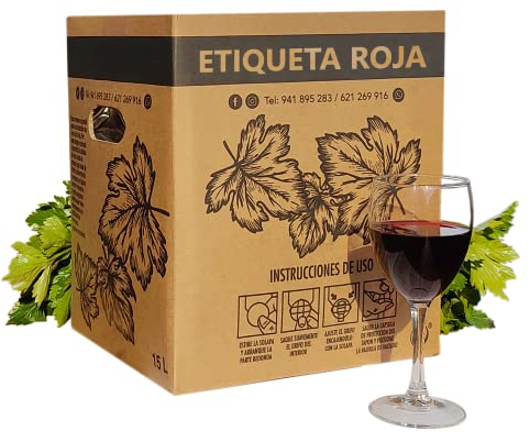 Vino tinto Bag in Box de 15L, Etiqueta Roja. Sabor intenso y a madera. Calidad Tempranillo de uva seleccionada en bodega.