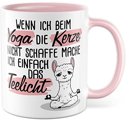 Yoga Tasse Humor Kaffeetasse mit lustigem Spruch Teetasse Yogalehrer Geschenk Joga Witz Kerze Teelicht Kaffee-Becher Meditation Geschenkidee Yogafan Lama Yoga-Motiv (Weiß/Rosa)