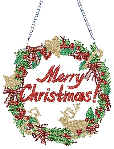 5D DIY Diamond Painting Weihnachten Girlande Kranz Set, Diamant Painting Anhänger Kits mit Kette, Diamant Malerei Türkranz Weihnachtsdeko Tür Fenster Deko DIY Geschenk (B)