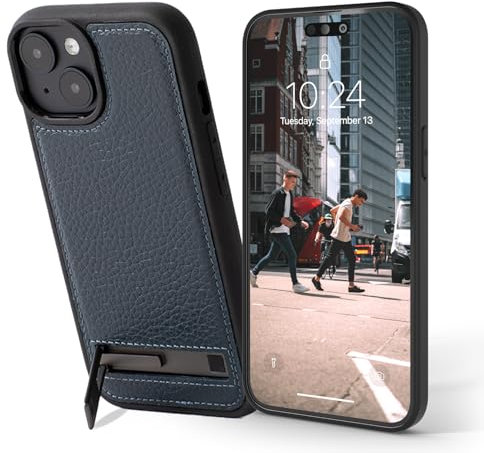 Snakehive Metro Leather Case Compatible with iPhone 15 || Genuine Leather & Wireless Charging Compatible Cover with Kickstand || Real Leather Phone Case (Navy)