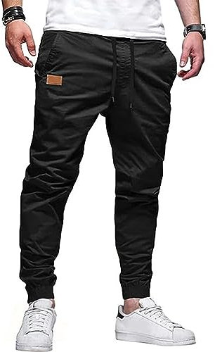 SOMTHRON Herren Elastische Taille Gürtel Baumwolle Jogging Sweat Hosen Plus Size Mode Lange Sports Cargo Hosen Shorts mit Taschen Joggers Activewear Hosen S-3XL (BL-S)