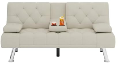 BRAGUE Sofá cama tapizado, futón convertible con reposabrazos extraíbles y 2 portavasos, color blanco crema