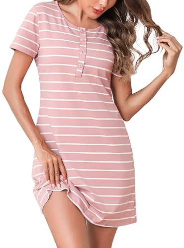 Aseniza Chemise de Nuit Femme Coton Rayée Robe de Nuit Col Rond avec Bouton Vêtements de Nuit à Manches Courtes Robe Shirt De Nuit Jusqu'aux Genoux Nightie Nightgown Rayures Rose et Blanche XL