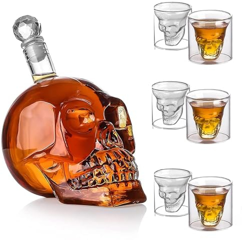 Skull Whiskey Decanter Set, 550ml Glass Skull Bottle, Whiskey Decanter Set,6 Wine Glasses,for Whiskey, Wine and Other Liquor
