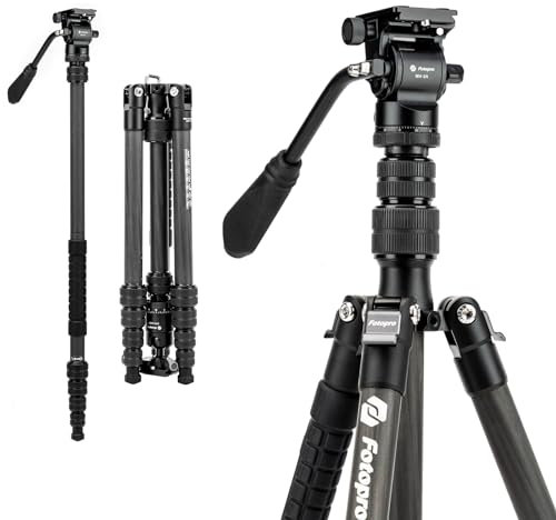 Fotopro 59 Carbon Fiber Travel Tripod, Compact Video Tripods with Fluid Head, Detachable Monopod with Quick Release Plate and Bag, Camera Tripod Load up to 8KG/17.63lbs X-go E2 Video Grey