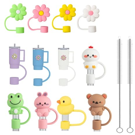 NAJIESUN Silicone Straw Cover, 12pcs Animal Pattern Set for Stanley 30&40oz Tumbler, 10mm Straw, 12 Colors, BPA-Free, Reusable, Easy to Clean