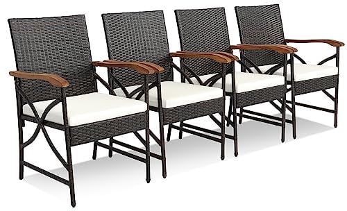 COSTWAY Garden Dining Chairs Set of 4, Outdoor Wicker Rattan Chairs with Zippered Removable Cushions & Acacia Wood Armrests, All-Weather Patio Bistro Armchairs for Balcony, Backyard Lawn Poolside
