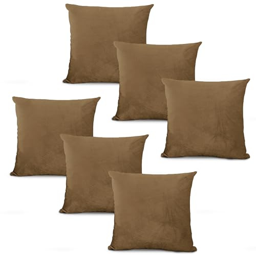 Hafaa Velvet Cushions with Covers Included Sets 12 (6 Brown Cushion Covers, 6 Cushion Inserts 45cm x 45cm) Luxury Decorative Fluffy Square Throw Pillow Case Sofa Cushion with Invisible Zipper