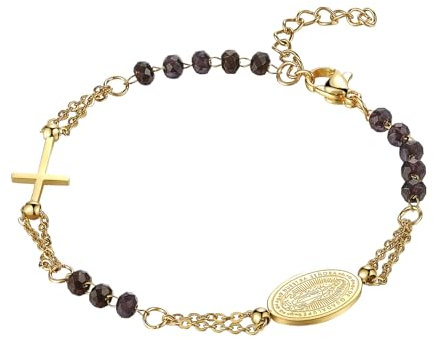 Flongo Katholisches Rosenkranz Armband für Damen : Religiöses Armkette mit Kreuz Anhänger Gebet Glaube Schutz Jungfrau Maria Kette Edelstahl Gebet Glaube Schutz Armreif Virgin Mary